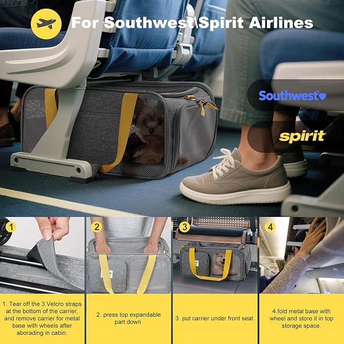 18x13.5x9 TSA Approved top Expandable Rolling pet Carrier for Small Dog Puppy cat up to 8 lbs and 17'' in,Soft Sided for Spirit Southwest Airline,with 4 Wheels and 2 Pockets(Grey).