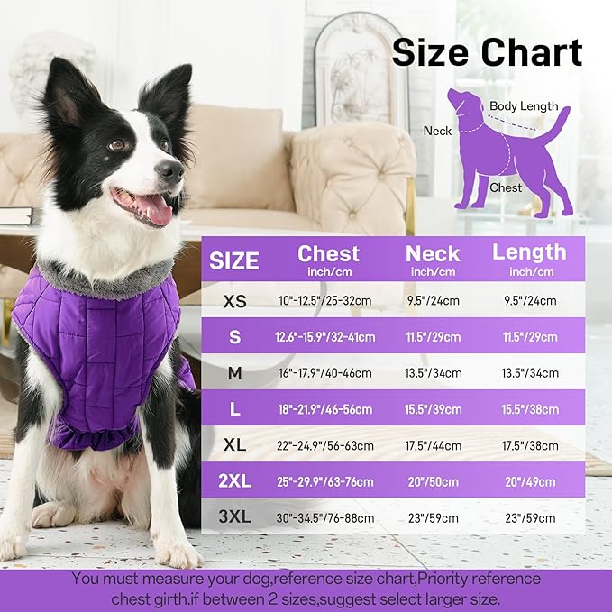 Warm Fleece Dog Coats with Durable Harness Buitl in D-Ring,Waterproof Doggie Jacket for Large Dogs,Dog Vest for Cold Winter,Purple XXL