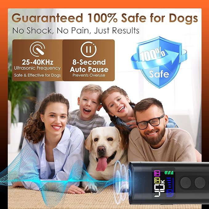 Dog Bark Deterrent Device – 65FT Range Anti Barking Device for Dogs, Stops Neighbor’s Dog Barking with 3 Ultrasonic Frequencies (25/30/40kHz) & 5 Sound Modes, for Indoor & Outdoor Training