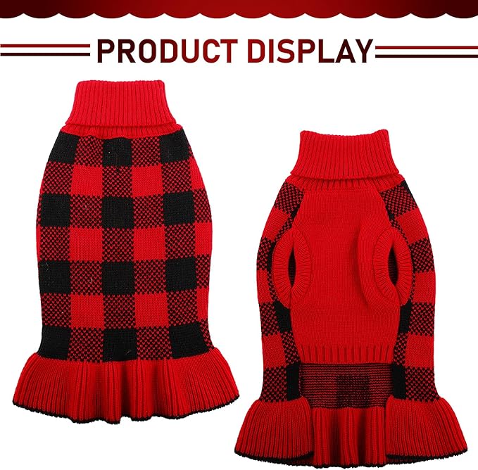 Dog Sweater Dress Plaid Knitwear for Small Medium Dogs Warm Puppy Pet Turtleneck Stretch Pullover Cute Fall Winter Vest Clothes with Leash Hole for Christmas (Red, L)