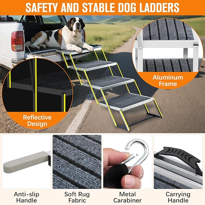 Dog Stairs for Large Dogs - Reflective 20" Wide Dog Car Ramp, 4-Step Aluminum Stairs with Non-Slip Carpet - Foldable Design for Trucks/SUVs/Beds - Heavy Duty 200Lbs Capacity for Large Breeds
