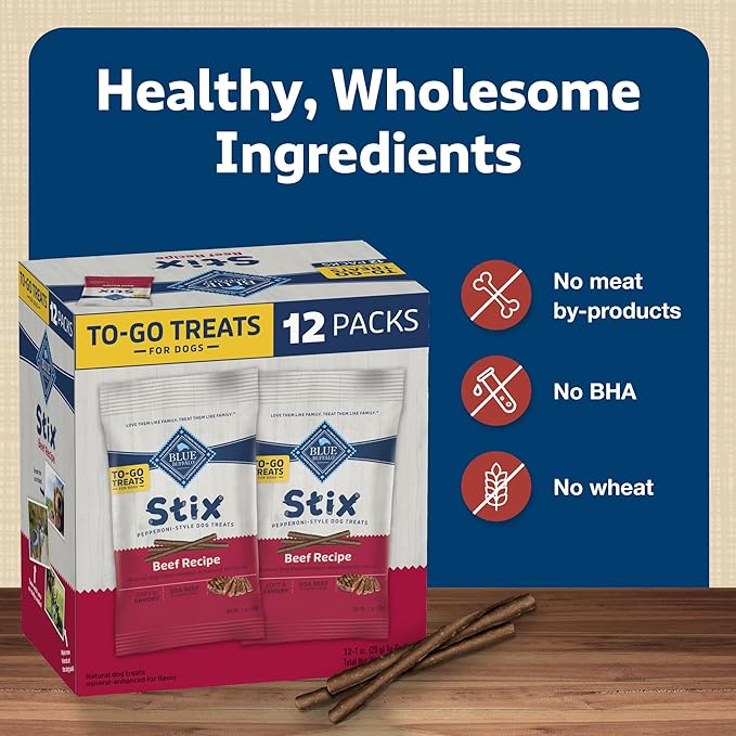 Blue Buffalo Stix Natural Soft Moist Dog Treats TOGO Beef Recipe, 1oz Bags, Pack of 12