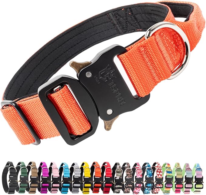 TSPRO Premium Dog Collars Tactical Dog Collar with Handle and Heavy Duty Quick-Release Metal Buckle Durable Thick and Adjustable for Medium to Large Dogs (Orange M)
