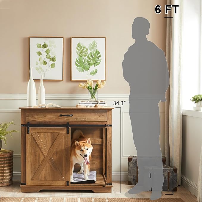 37.8" Dog Crate Furniture - Indoor Wooden Dog Kennel Furniture with Sliding Barn Door and Storage Drawer, Rustic Oak