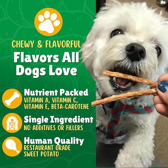 Sweet Potato Straws Dog Treats 7oz. – All Natural, Chewy Veggie Treats for Small & Medium Dogs – Training Reward Made in USA – Shareable Small Treats