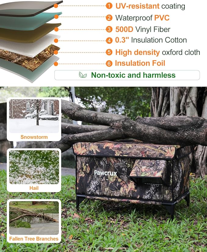 Heated Cat House for Outdoor in Winter, Insulated & Safe Escape Door & Waterproof Heated Cat Bed Shelter with Heating Pad, Warm Home for Outside Feral Barn Stray Kitty(Leaf Color, 16"x28"x19")