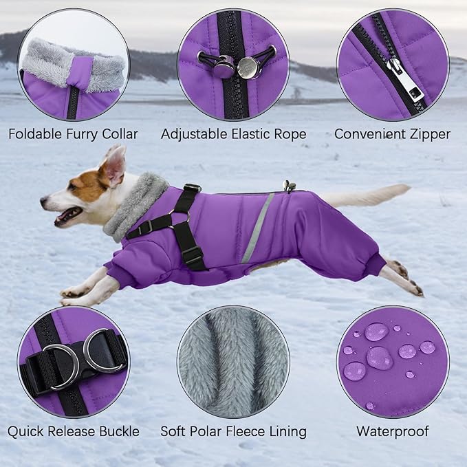 BRKURLEG Purple Dog Coat with Harness, Dog Winter Jacket, Dogs Onesie Body Warm Jackets, Small Dogs Winter Coats Reflective Windproof Warm Cold Weather Coats, Pet Waterproof Jackets, XL