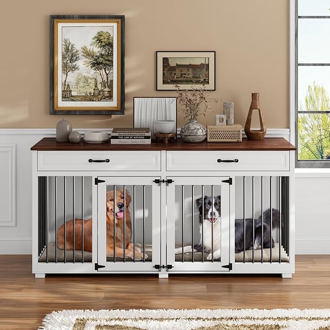 64.6" Furniture Dog Crate, Heavy Duty Wooden Dog Cage Furniture, Indoor Dog Kennel with Drawers & Removable Divider, Luxury Dog House with Double Rooms for Small Medium Breed Dogs, White
