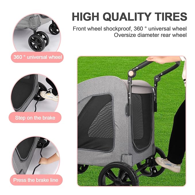Dog Stroller with 4 Wheels, Folding Cat Strolling for Small/Medium/Large Dogs & Cats to 120 lbs, pet Stroller with Removable Carrier, Storage Basket,Cup Holder (Dark Grey)