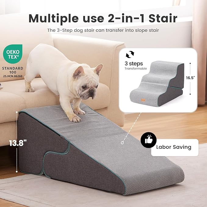 Gardner Pet Dog Stairs for Small Dogs 16.5" H, 2 in 1 Transformable 3-Step Pet Stairs and ramp, Dog Steps for Couch (13-20 in) with Durable Non-Slip Waterproof Cover and CertiPUR-US Certified Foam