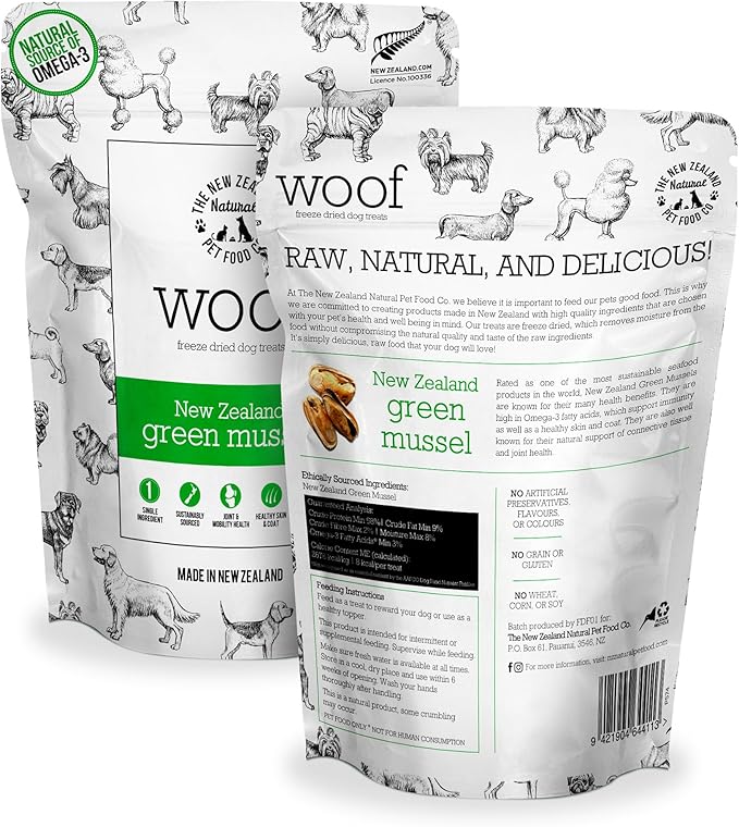 WOOF Freeze Dried Dog Treats - High Protein, Small & Large Dog, Natural, Topper, Treat, Green Mussels - 1.76 oz