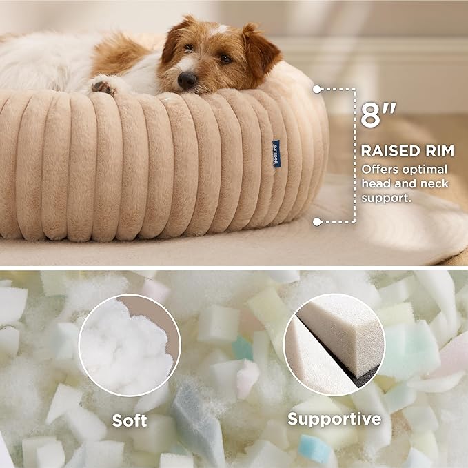 Bedsure Donut Small Dog Bed - Dog Beds for Small Dogs with Corduroy Fleece & Anti Slip Bottom, Round Faux Fur Pet Beds with Washable Removable Cover, Sandy Beige, 27x27x8 inches