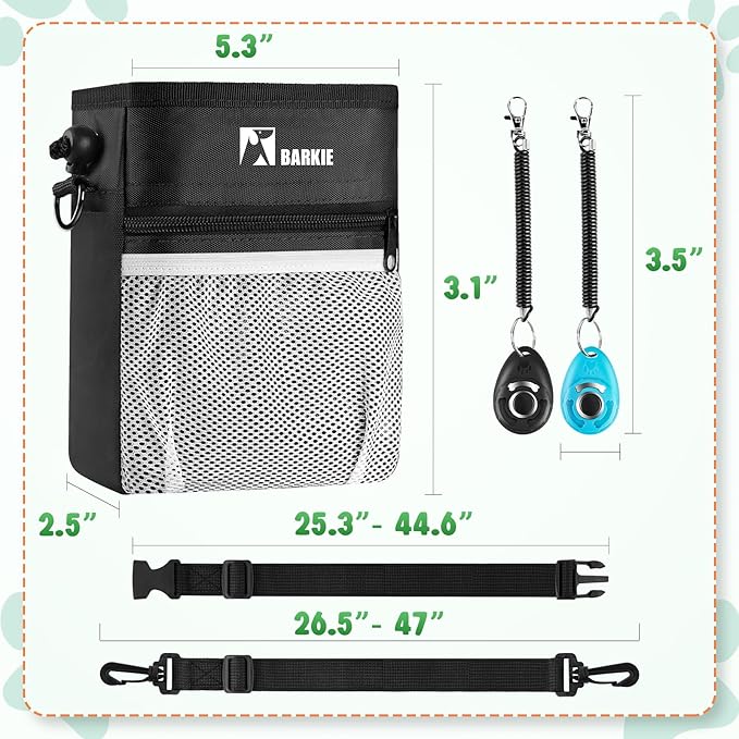 BARKIE Dog Treat Pouch and 2 Pet Training Clickers with Dog Positive Reinforcement Training Booklet (Black)