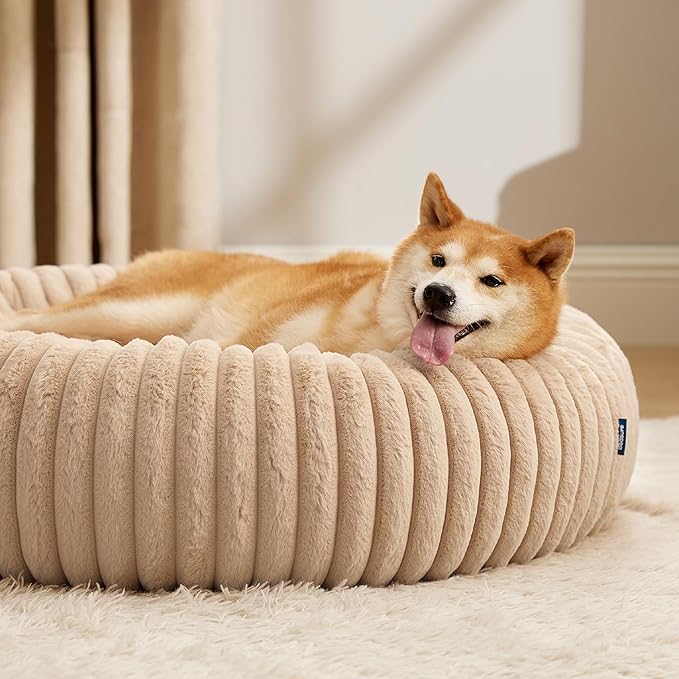 Bedsure Donut Large Dog Bed - Washable Faux Fur with Corduroy Fleece & Anti Slip Bottom, Round Pet Bed with Removable Cover, Sandy Beige, 36x36x8 inches
