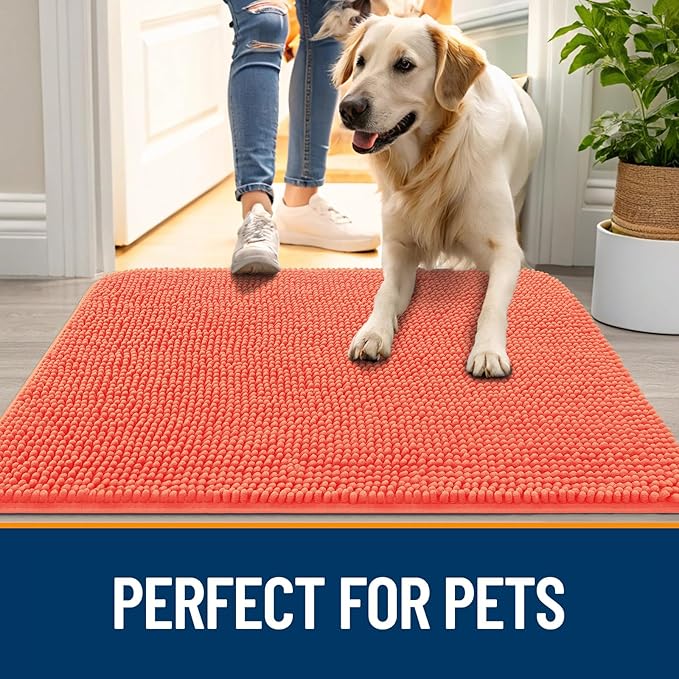 OLANLY Dog Door Mat for Muddy Paws 59x24, Absorbs Moisture and Dirt, Absorbent Non-Slip Washable Doormat, Quick Dry Chenille Mud Mat for Dogs, Entry Indoor Entryway Carpet for Inside Floor, Coral