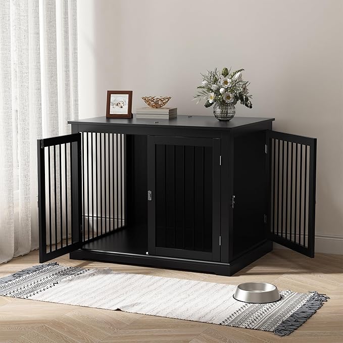 Large Dog Crate Furniture, Wooden Dog Kennel with Cushion, Dog Crate End Table Large, Indoor Dog Kennel, Modern Decorative Dog Crates with Flip Top, Chew-Proof Metal Bars, Black