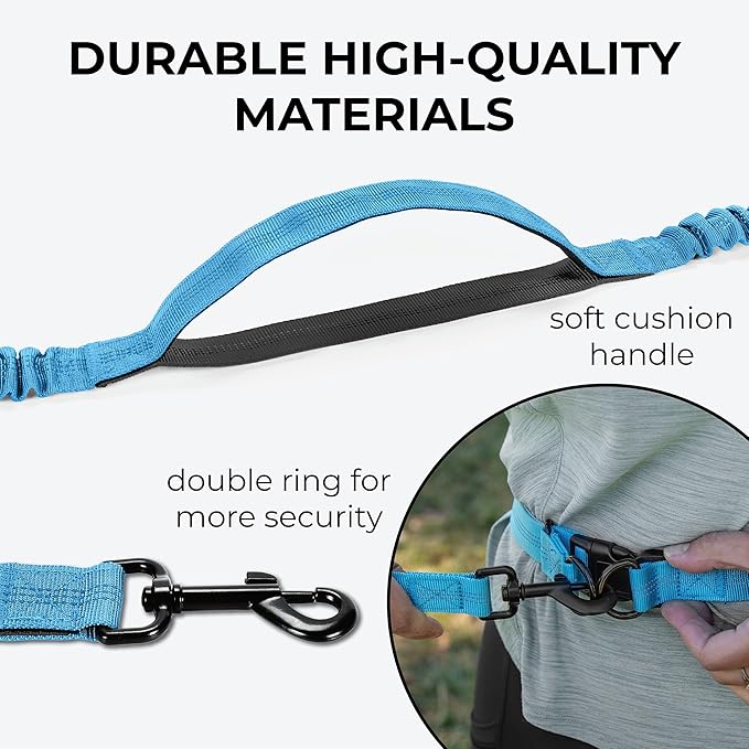 Squirrel Products Hands Free Dog Leash with Hip Belt/Crossbody Strap, Zipper Pouch, and Shock Absorbing Bungee for Walking or Jogging with pet (Blue, Black)