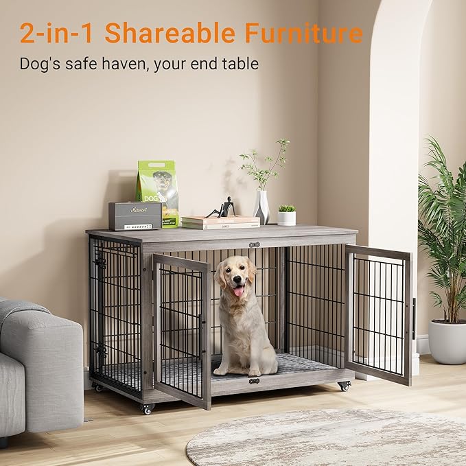Lulive Dog Crate Furniture, XL Wooden Dog Kennel Indoor Double Doors Dog Cage, 44'' Heavy Duty Dog Crate with Cushion & Wheels, Decorative End Table Chew-Resistant for Extra Large/Medium, Grey