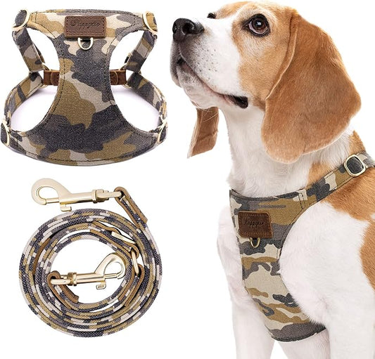 Puppytie Dog Harness & Multi-Function Leash Set - No Pull Function, Easy Walk Design - Camouflage Brown, Size M