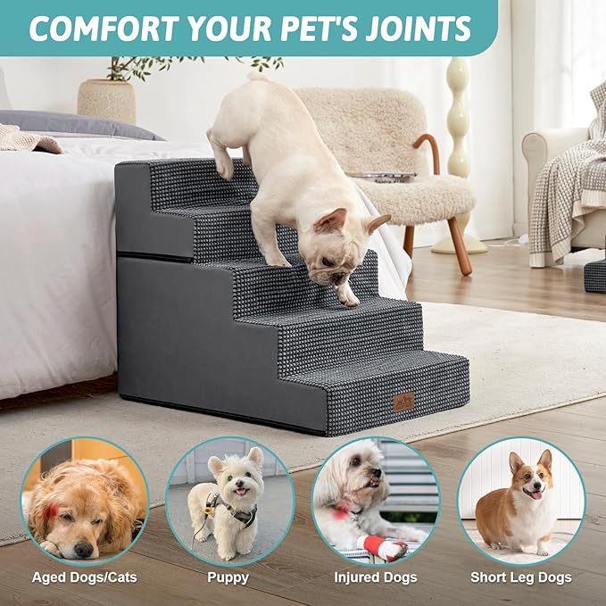 Dog Stairs for Small Dogs, 5 Tier Removable Wider Pet Stairs for Couch and Bed, 23.6" H Non-Slip Dog Steps for Puppies and Old Cats with Support Board, 19.7x29.5x23.6 inch, Dark Grey