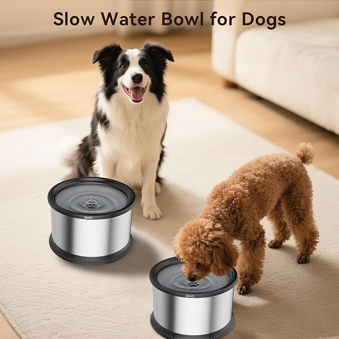 2PCS Dog Water Bowls for Multiple Pets, 4.5L/152oz No Spill Stainless Steel Slow Drinking Water Bowls with Anti-Slip Mat, Splash Proof Pet Bowl for Sloppy Messy Drinkers, Medium Large Dogs