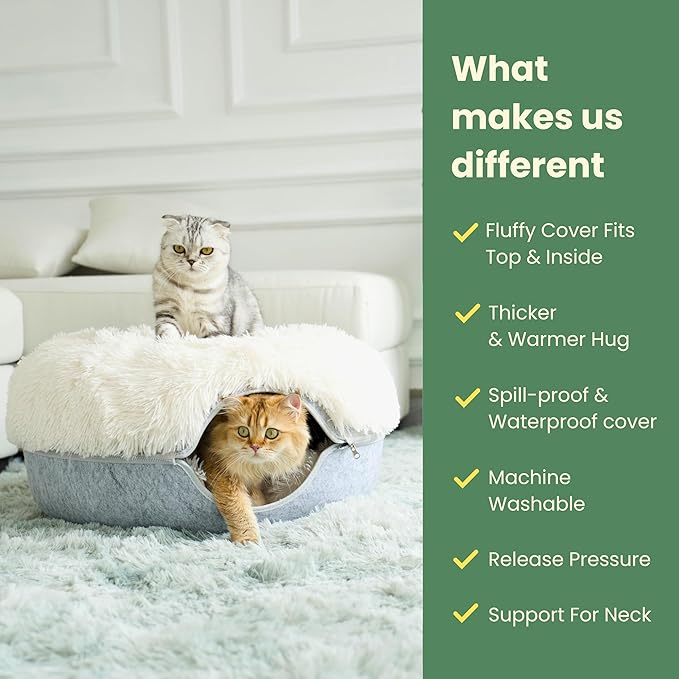 CATTASAURUS Peekaboo Cat Cave for Multiple & Large Cats Up to 30-45 Lbs, Fluffy Cat Beds for Indoor Cats, Scratch Detachable & Washable Tunnel Bed, Comfy Donut Cave (Light Gray, Large (Calming))