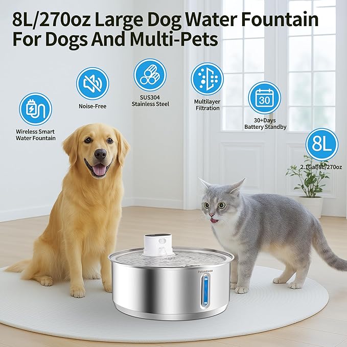 Wireless Dog Water Fountain, Petsamuse 5000mah Battery Operated Water Fountain for Dogs, 2.1Gal/8L Stainless Steel Cat Water Fountains for Cats & Dogs, Ultra-Quiet Water Bowl Dispenser with 13 Filters