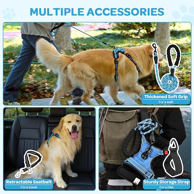 FURRYFECTION Dog Harness | No Pull Dog Harness | Reflective Oxford | Padded Handle | 4 Adjustable Straps | 2 Leash Clips | No Choke Pet Vest Harness for Small Medium Large Dogs | Blue | XL