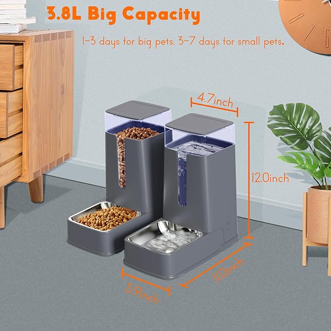 Cat Food Dispenser and Cat Water Dispenser Set with Stainless Steel Bowls Gravity Dog Feeder for Small Medium Big Cat Dog Pet Puppy Kitten, 1 Gallon x 2