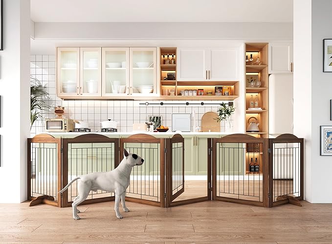 Vantas Folding No-Assembly Dog Door Pet Gate 144" Wide, 30" Tall Wooden Dog Gate with Door Walk Through, Freestanding Wire Pet Gate, Pet Puppy Safety Fence, with 2PCS Support – Brown