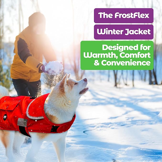 Joyride Harness FrostFlex Dog Winter Jacket - Fleece Lined & Water-Resistant - Snowsuit with Pockets for Treats & Poop Bags - Durable Cold Weather Dog Coat - Red Rush-XL