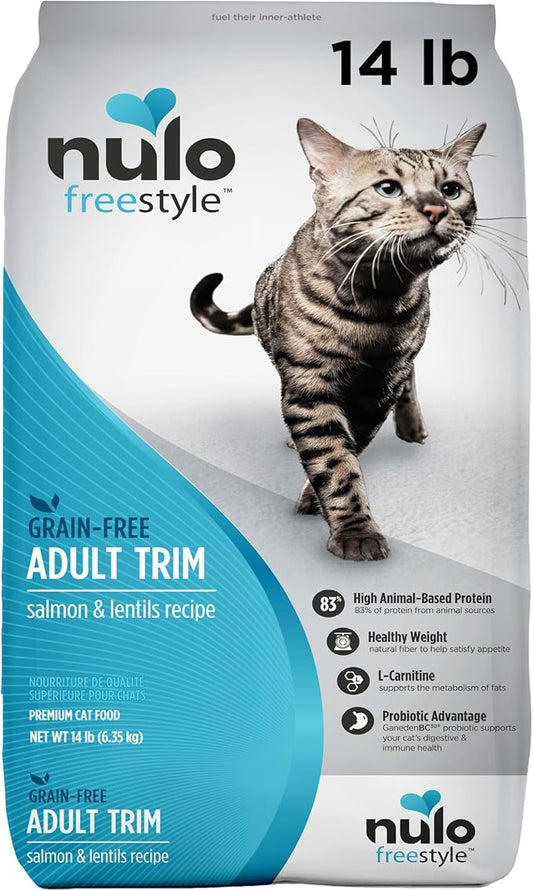 Nulo FreeStyle High Protein Trim Cat Food, Salmon & Lentils Recipe - Natural Grain-Free Dry Cat Food for Weight Management with l-Carnitine, Natural Fiber, & Probiotics, 14 lb Bag