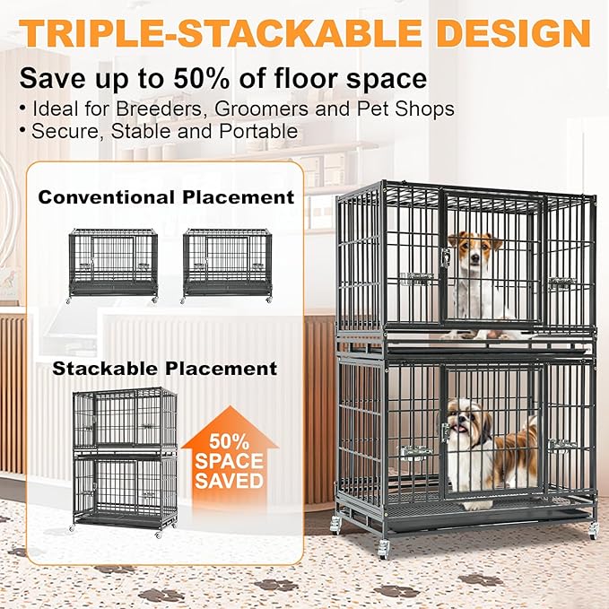 Homey Pet Two Tiers 37 Inch Dog Crate, Escape Proof Dog Cage Kennel Indoor with Top Access and Lockable Wheels, Removable Tray, Heavy Duty Dog Crates for Medium/Small Dogs