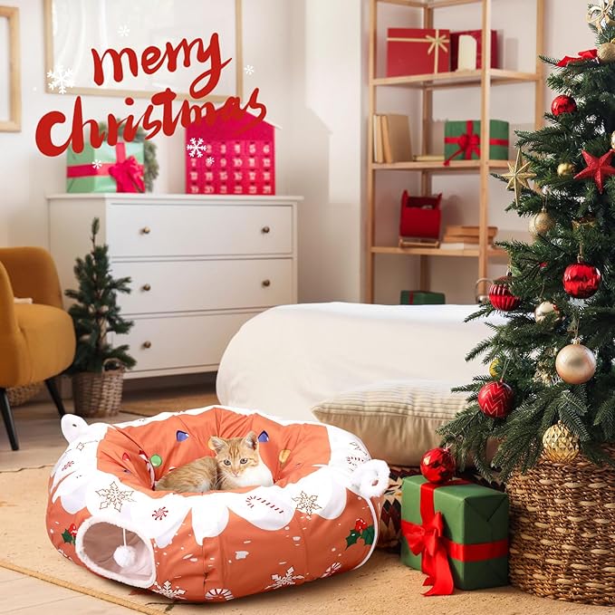 Aliceset Christmas Gingerbread Man Cat Tunnel Bed for Indoor Cats 3ft x 3ft x 10in Foldable Cat Donut Tunnel with Washable Cushion Gingerbread Man Pet Peekaboo Cave Toy for Small Kitten Kitty