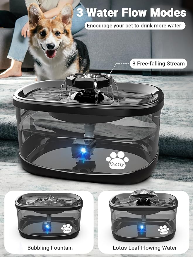 Kastty 2.5Gal/9.5L Dog Water Fountain 3 Flow Modes Cat Fountain with 2 Flower Spouts& 7" Larger Filter Super Filtration& Smart 3 in 1 LED Safe Pump, BPA-Free, Quiet for Large Dogs& Multi Pets(FS68)