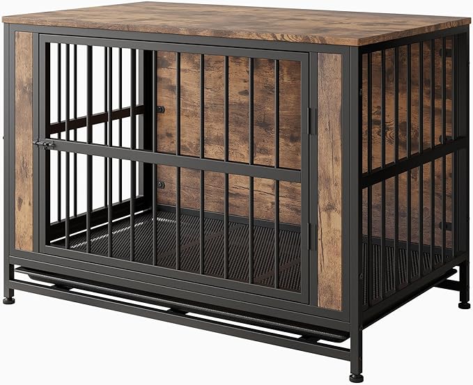 Dog Crate - Metal & Wooden Kenel with 3 Doors for Indoor, Medium/Large Dogs - Heavy Duty, Rustic Black & Brown