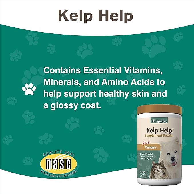 NaturVet Kelp Help Plus Omegas Skin and Coat Supplement for Dogs and Cats, Powder, Made in The USA with Globally Source Ingredients 1 Pound