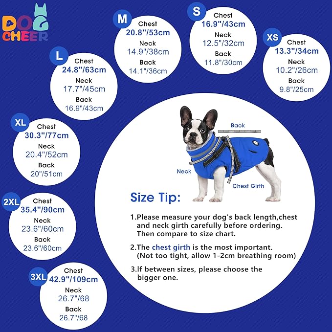 Dogcheer Dog Coat, Waterproof Dog Winter Jacket with Harness, Reflective Adjustable Doggy Cold Weather Coats, Christmas Pet Fleece Snowsuit for Small Medium Large Dogs - Blue, M