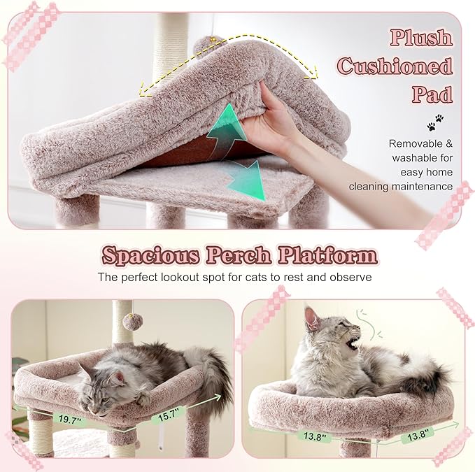 Heybly Cat Tree, 71-Inch Tall Cat Tower for Large Maine Coon Cats with Extra-Large Baseboard, Cat Condo Furniture with Multi-Level Platforms, 2 Hammocks and 12 Scratching Posts, Muchroom HCT037MU