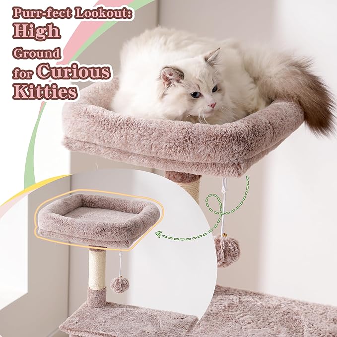 Heybly Cat Tree, 49.2 Inches Cat Tower for Indoor Cats, Spacious Cat House Condo with Hidden Space，Sturdy Steel Tube，Soft Plush Top Perch，Cozy Hammock and Sisal Scratching Posts, Muchroom HCT200SMU