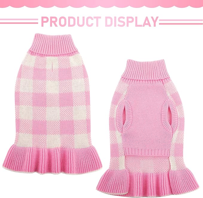 Dog Sweater Dress Plaid Knitwear for Small Medium Dogs Warm Puppy Pet Turtleneck Stretch Pullover Cute Fall Winter Vest Clothes with Leash Hole for Christmas (Pink, 2XS)