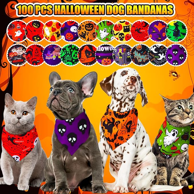 100 Pcs Halloween Dog Bandanas Bulk Pumpkin Black Cat Skull Dog Bandanas Adjustable Pet Bibs Triangle Scarf Halloween Holiday Costume for Small Medium Pet Puppy