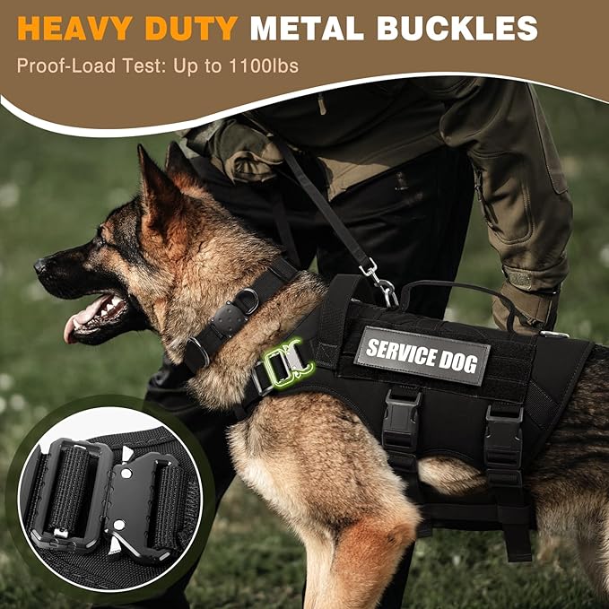 WINSEE Tactical Dog Harness with Dog Leash, Dog Collar, Service Working MOLLE Vest with 10 Pet Patches for Medium Dog, No Pull Military Harness and Backpack with Airtag Holdler