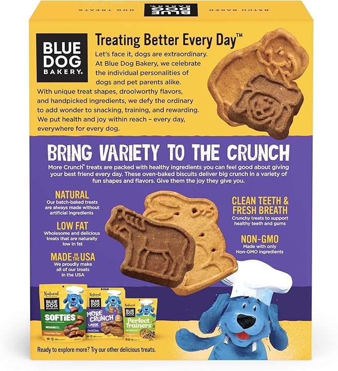 Blue Dog Bakery Natural Dog Treats, More Crunch Large, Assorted Flavors, 18oz Box, 6 Boxes