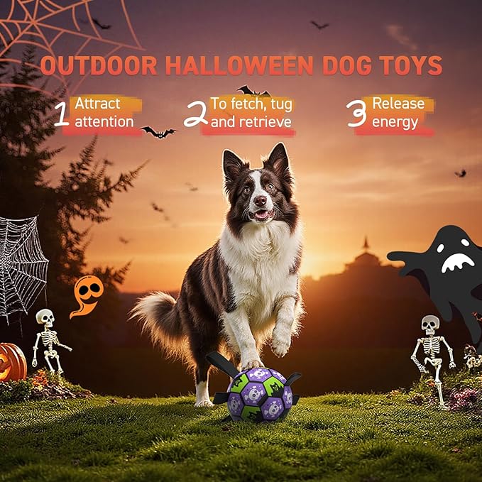 QDAN Halloween Dog Toys Balls, Soccer Ball with Straps for Dog Birthday Gift, Puppy Toy for Small Medium Breed (8 Inch)