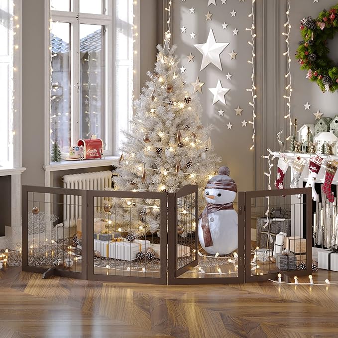 Vantas Folding Pet Gate 96" Wide, 30" Tall No-Assembly Wooden Dog Gate with Door Walk Through, Freestanding Wire Pet Gate, Pet Puppy Safety Fence, with 2PCS Support – Espresso