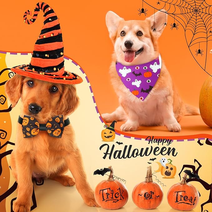Sanwuta 100 Pcs Halloween Dog Bandanas Bulk and Collar Bow Ties Set 50 Bandanas 50 Charm Dog Collar Pet Ghost Pumpkin Spider Bones Triangle Pet Scarf Bowtie for Small Medium Large Costume