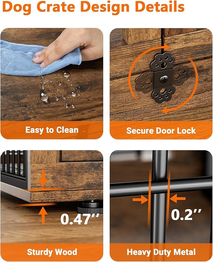 Dog Crate Furniture with Cushion Set of 2, Wooden Dog Kennel Indoor with Wheels & Double Doors, Dog Cage Side End Table for Medium Small Dogs up to 45 lb, 32.5” L, Rustic Brown