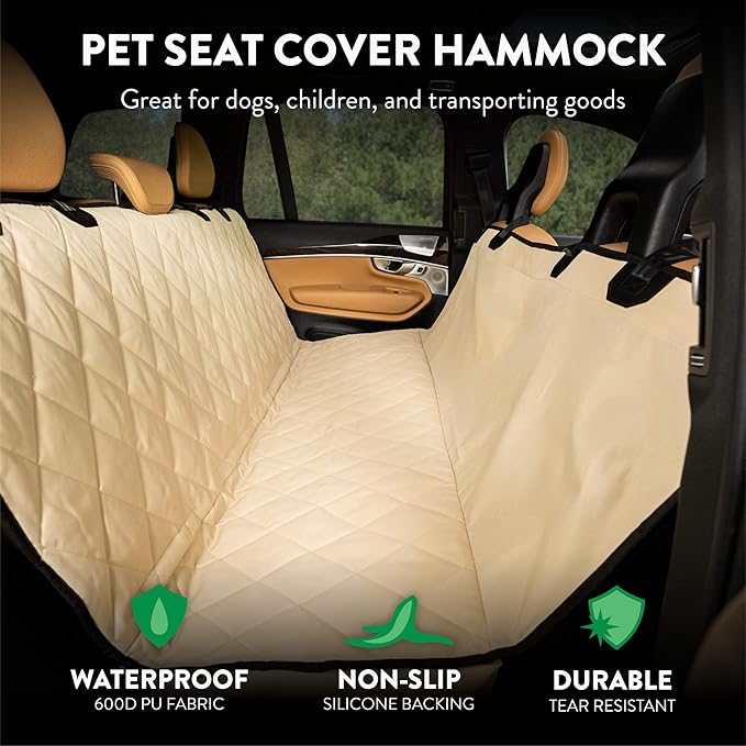 Plush Paws Products Premium Rear Car Seat Protector w/Hammock | Washable & Waterproof Back Seat Dog Cover for Car, Truck, & SUV | Nonslip, Tear Resistant Pet Seat Cover | X-Large Tan