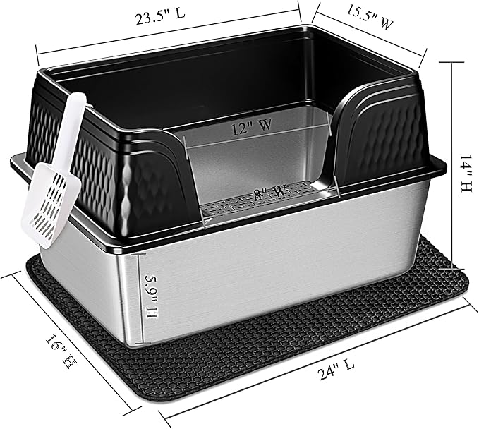 Vealind XXL Stainless Steel Cat Litter Box High Sided with Lid 23.7" L x 16" W x 14" H Side Entry Extra Large Metal Cat Litter Pan with Scoop and Mat for Big Cats Black